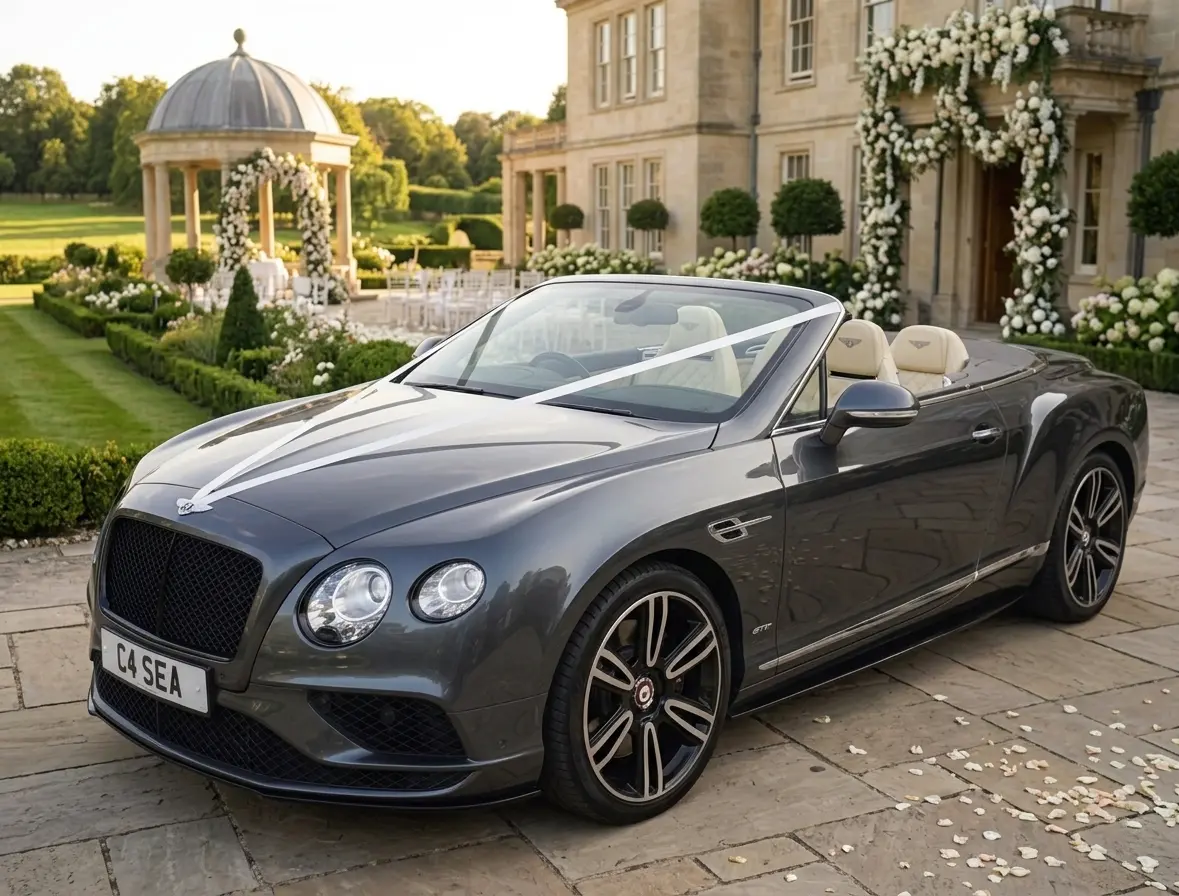 Anthracite Bentley convertible decorated with white ribbons at a wedding venue