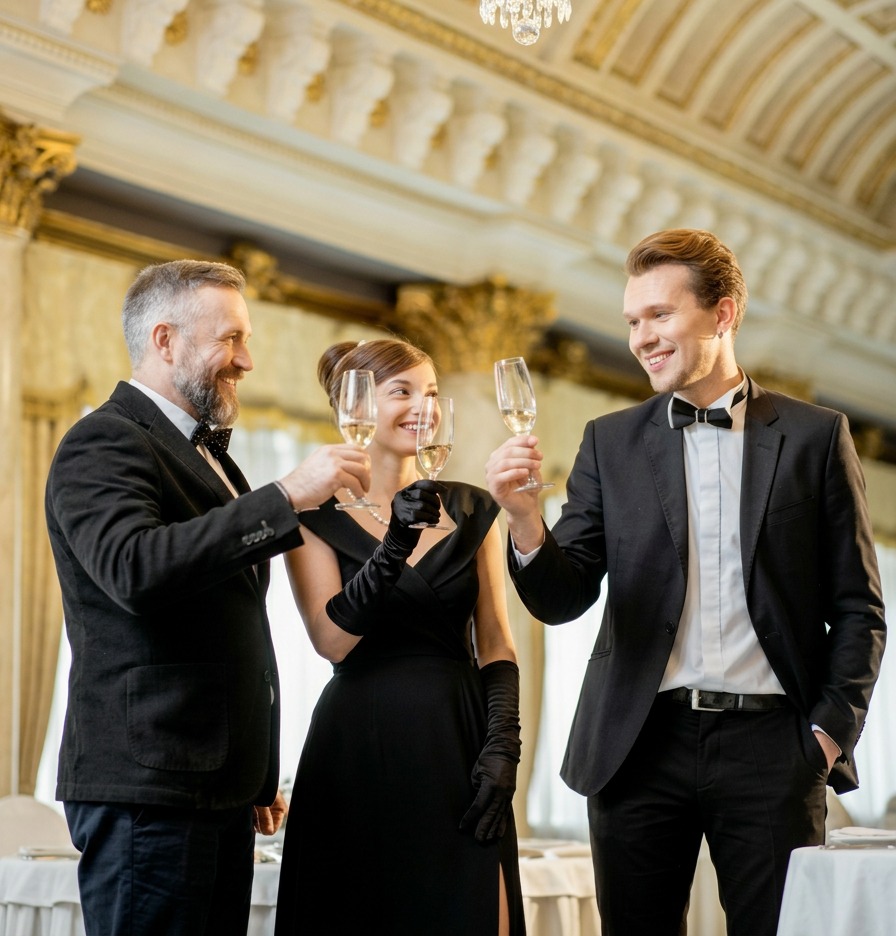 Chauffeur opening the door of a convertible at an evening event